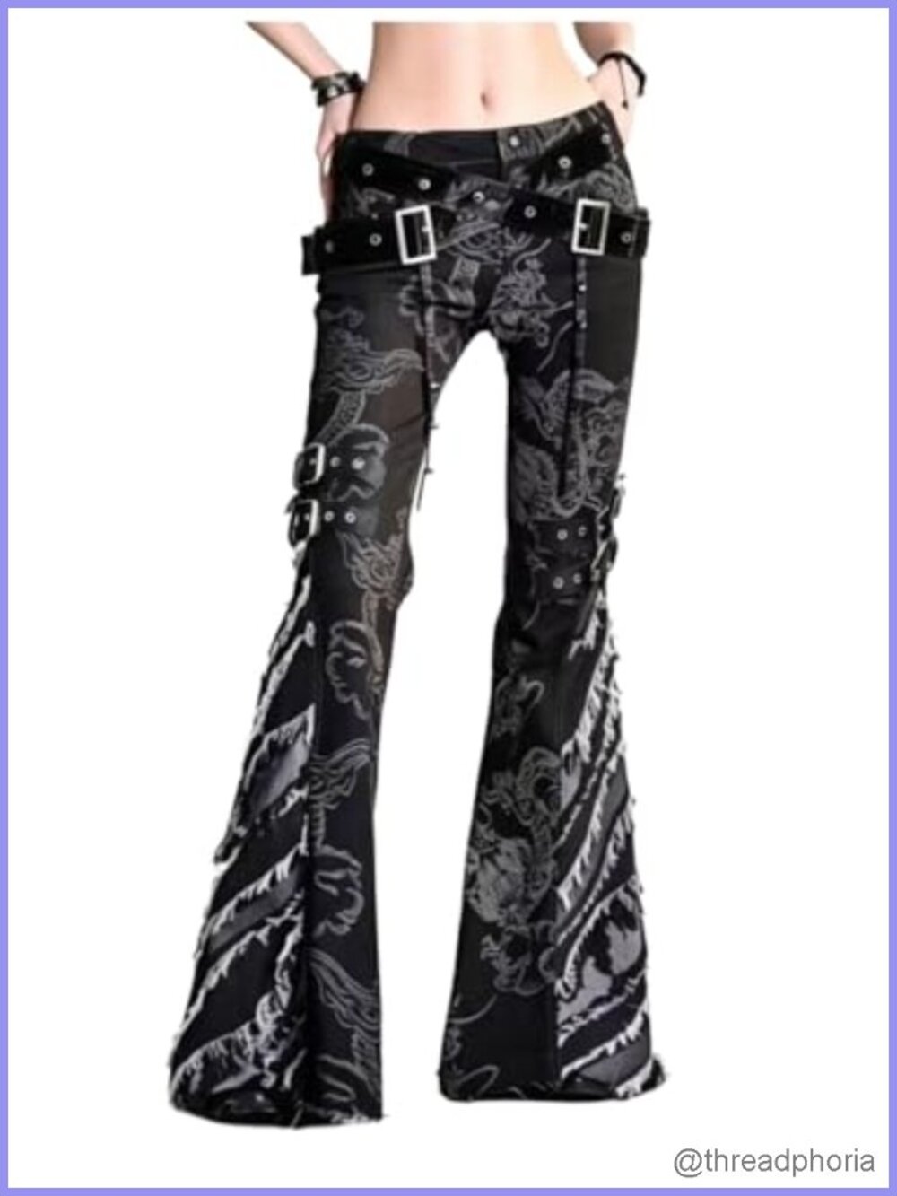 Y2K Punk Dragon Print Flare Jeans Women Low Rise with PU Belt